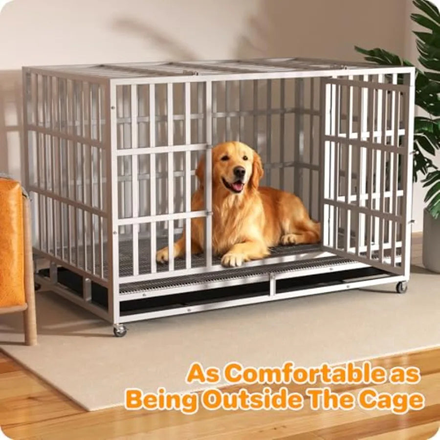 48 Inch Heavy Duty Indestructible Dog Crate Steel Escape Proof Indoor Double Door High Anxiety Cage with Wheels Removable Tray