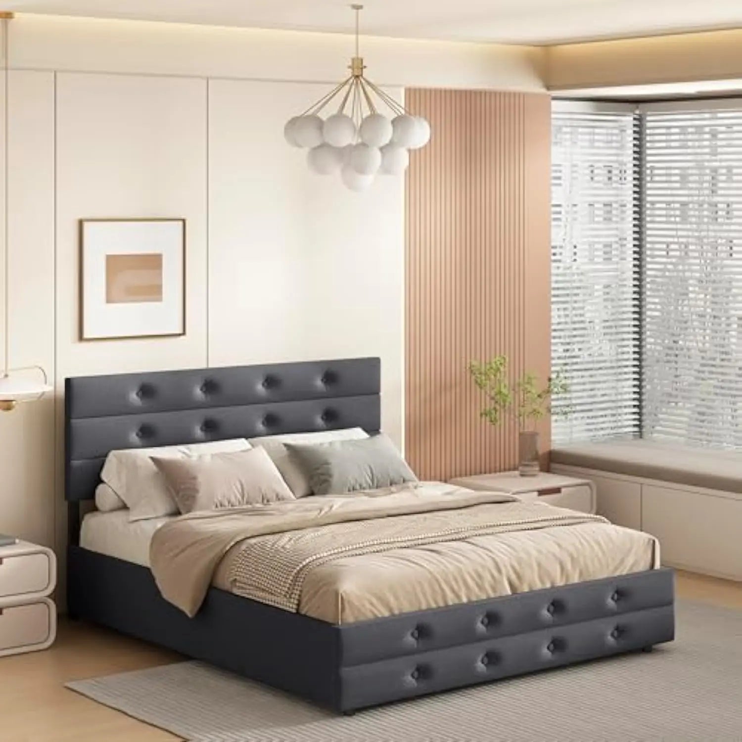 Upholstered Queen Size Platform Bed Frame with Storage Drawers and Trundle Bed, Button Tufted Headboard, Mattress Foundation wi