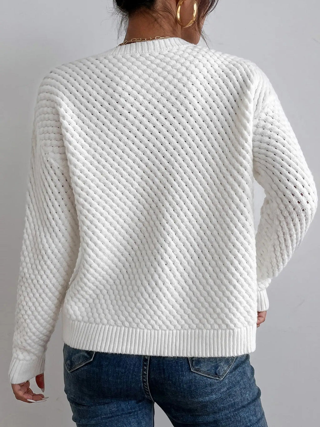 White Chunky Knit Drop Shoulder Sweater, Long Sleeve Pullover for Fall Winter Casual Outfit