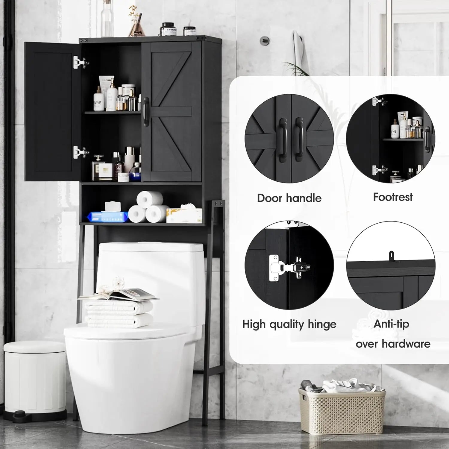 2-Door Over Toilet Storage Cabinet with Anti-Tip Device, Bathroom Organizer in Black for Tidy Spaces