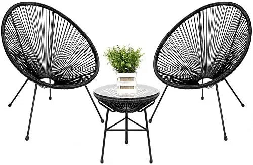 3-Piece Outdoor Acapulco All-Weather Patio Conversation Bistro Set w/Plastic Rope, Glass Top Table and 2 Chairs - Black