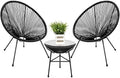 3-Piece Outdoor Acapulco All-Weather Patio Conversation Bistro Set w/Plastic Rope, Glass Top Table and 2 Chairs - Black