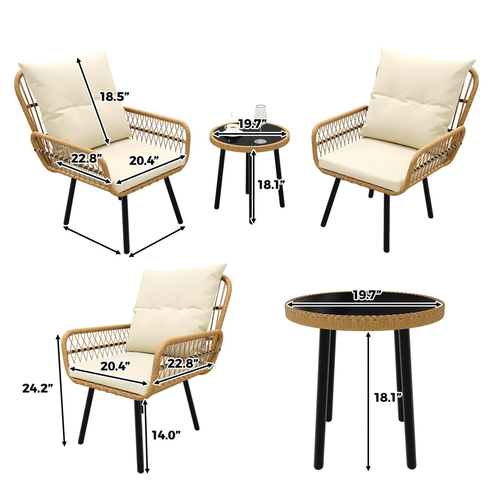 3 Piece Outdoor Patio Bistro Set, Glass Top Coffee Table and Cushioned Chairs Set of 2, All-Weather Rattan Balcony Furniture Set