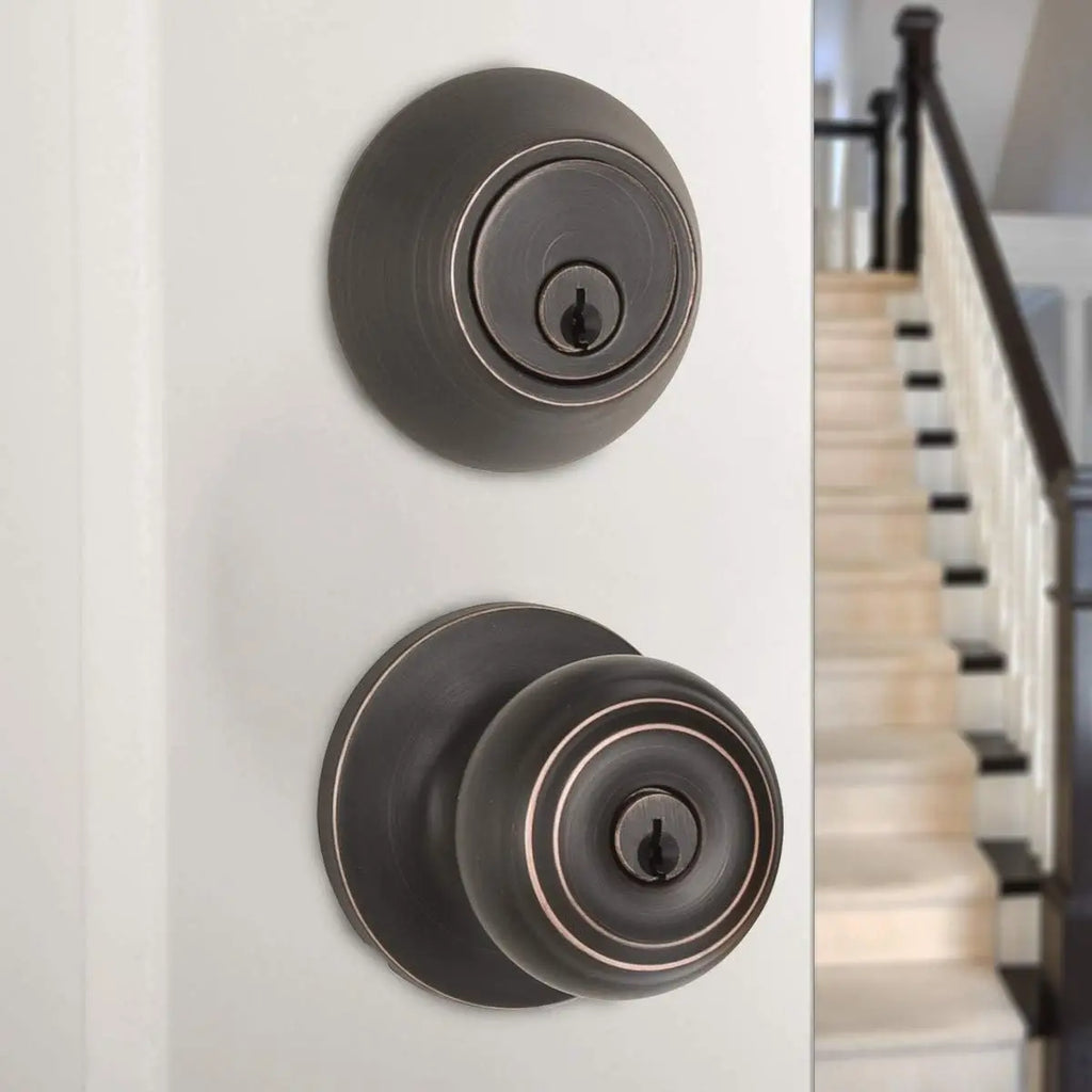 Exterior Door Knob Set with Key Lock and Deadbolt, Oil Rubbed Bronze Finish, Adjustable for Standard Doors