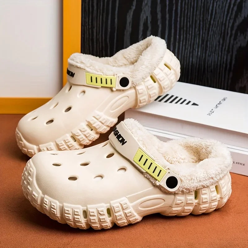Unisex lined hole shoes, winter removable thick sole slippers with warm lining for outdoor use, thick and warm cold-proof