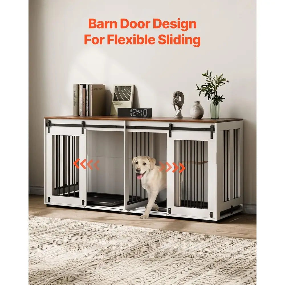 Double Dog Crate Furniture with Sliding Doors, Large TV Stand for Small to Large Dogs, White