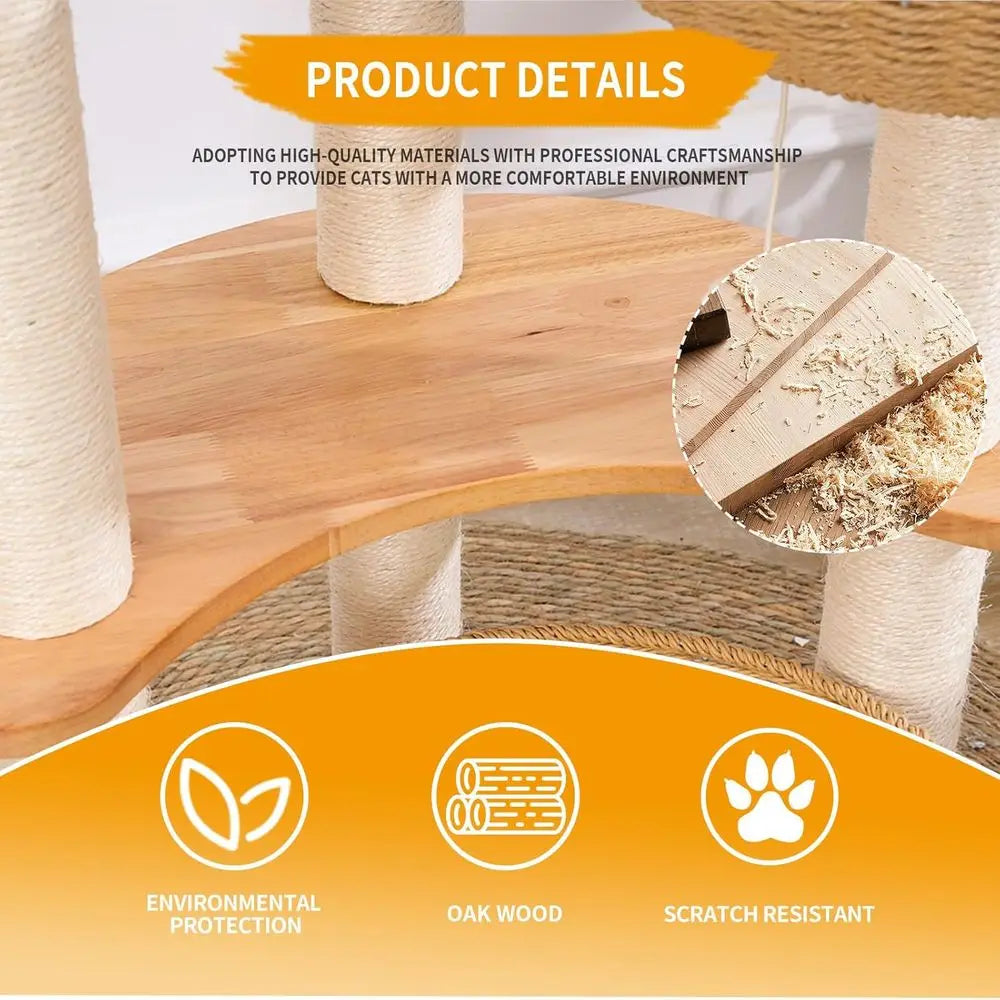 Luxury 54 Indoor Cat Tree Tower, Hand-Woven Oak Scratching Post for Multiple Large Cats, High-End Design Activity Center, Easy t