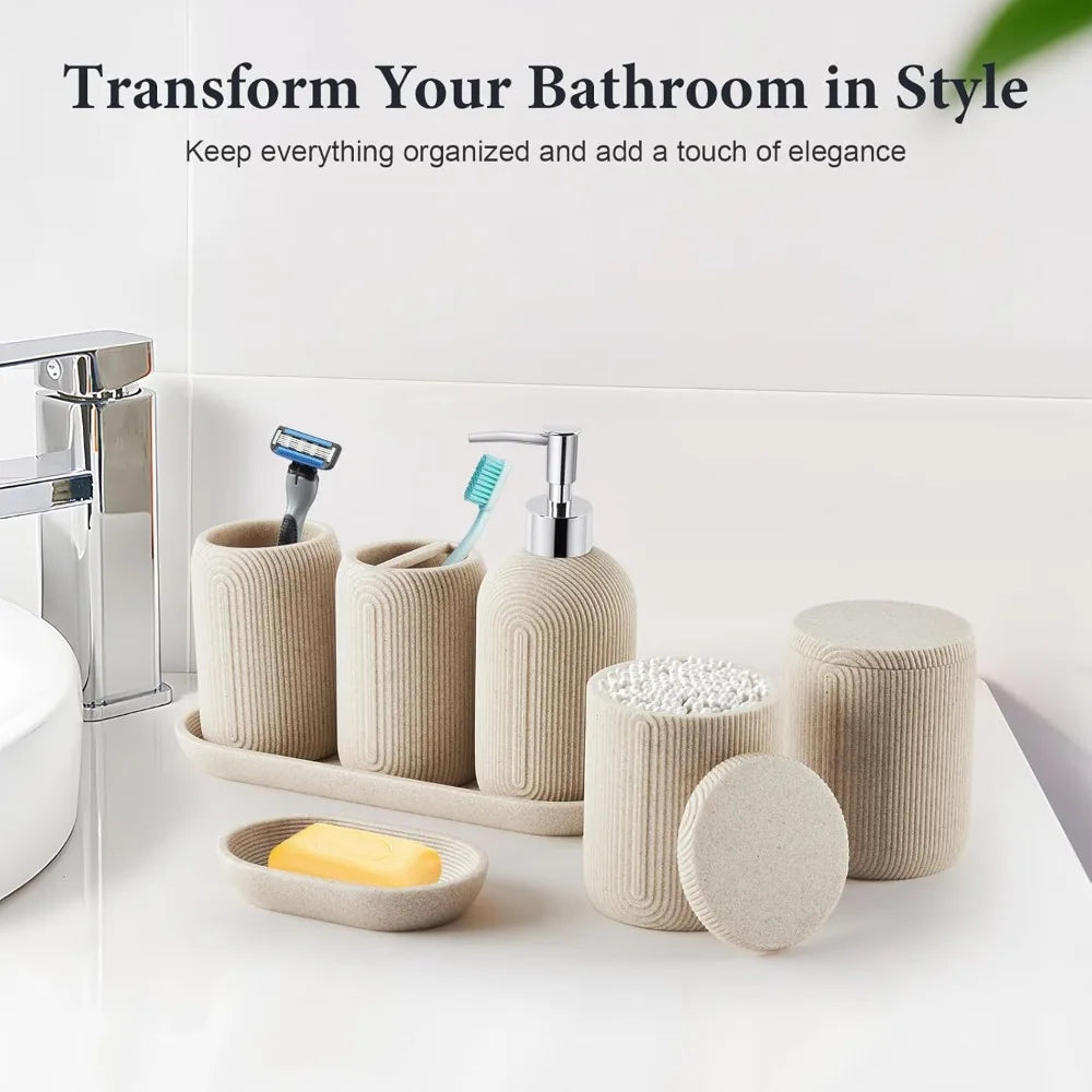 Bathroom Accessories Set - 7-Piece Resin Bathroom Set, Toothbrush Holders Set, Soap Dispenser, Qtip Holder Dispenser, Tumbler,