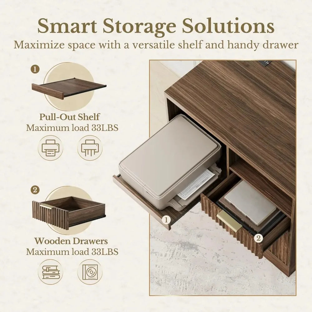 3 Drawer File Cabinet, Fluted Wood Lateral Filing Cabinet with Charging Station for Home Office, Fits for A4/Letter-Sized Files,