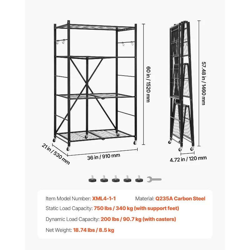 Folding Storage Shelf with Wheels 4-Tier No Assembly Organizer Shelf Black