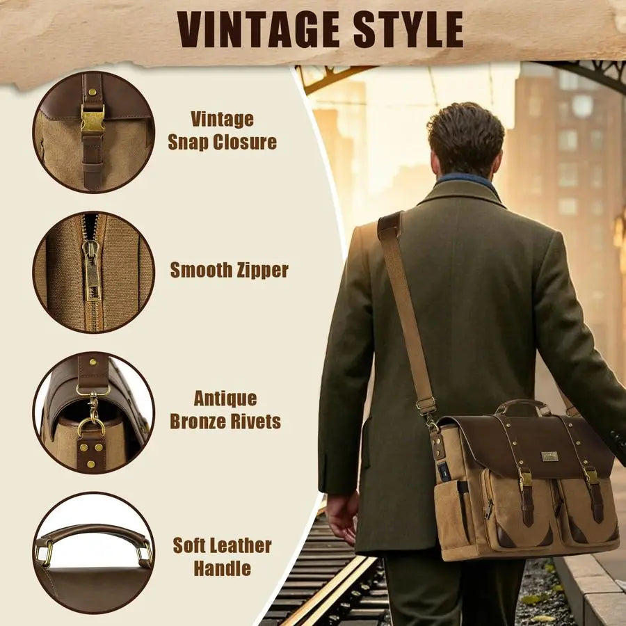 Vintage Messenger Bag with USB Charging Port amp RFID Blocking Pocket, 15.6 inch Laptop Bag Canvas PU Leather Men Briefcase, Wat