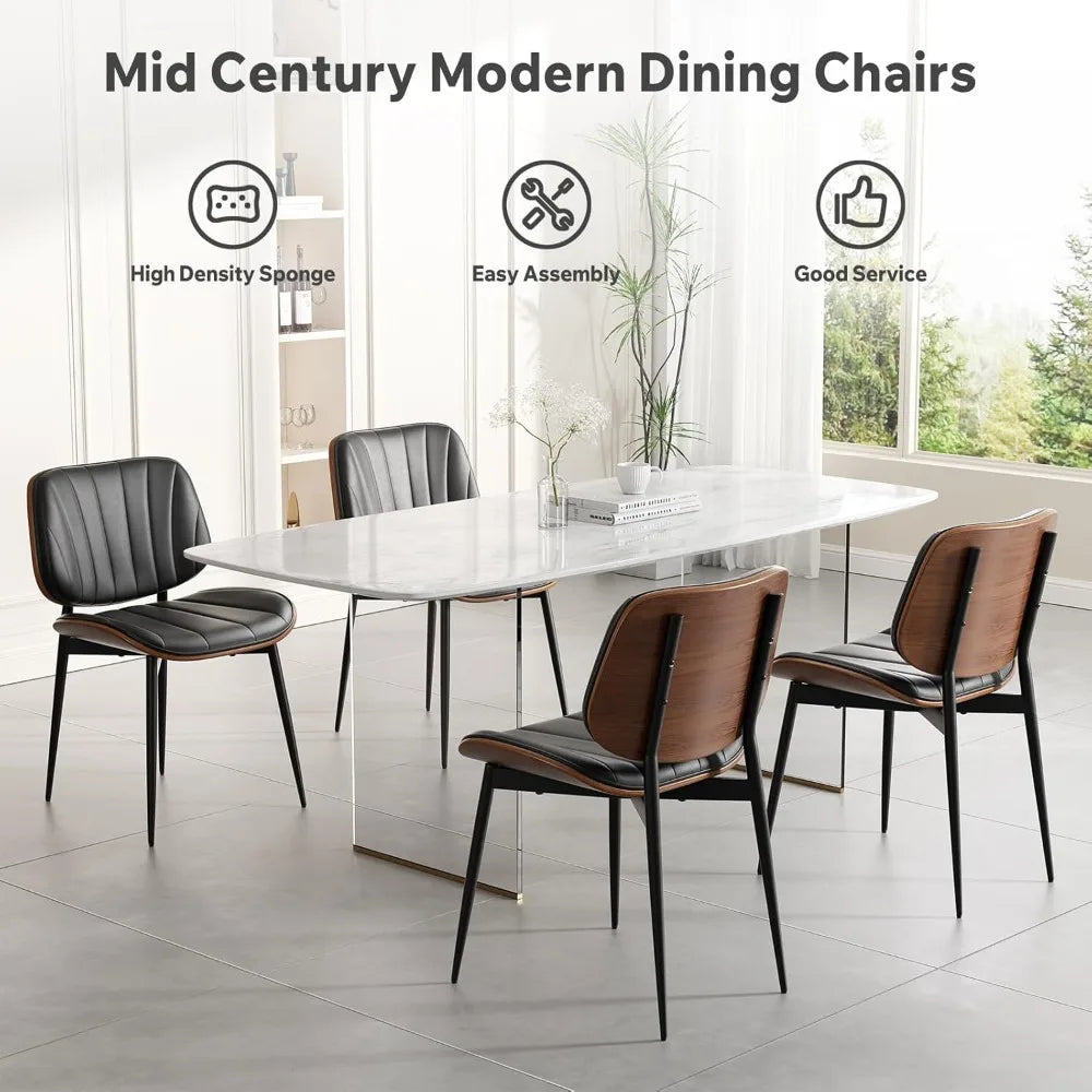 Dining Chairs Set of 4, Mid Century Modern Dining Room Chair, Upholstered Faux Leather Kitchen Chairs with Walnut Bentwood