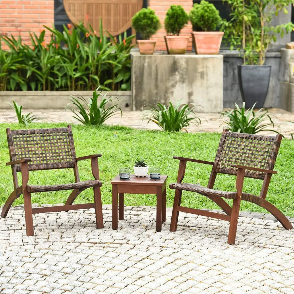 3-Piece Outdoor Patio Set, Eucalyptus Wood Frame Wicker Bistro with Coffee Table, Brown Rattan Furniture for Backyard, Porch, Ga