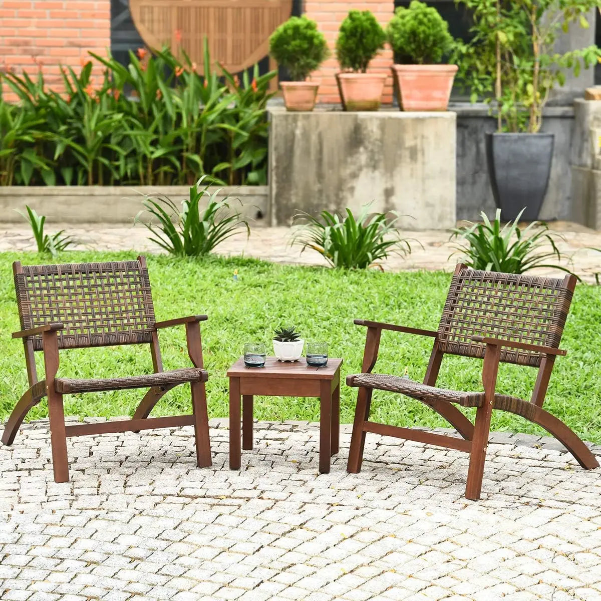 3-Piece Outdoor Patio Set, Eucalyptus Wood Frame Wicker Bistro with Coffee Table, Brown Rattan Furniture for Backyard, Porch, Ga