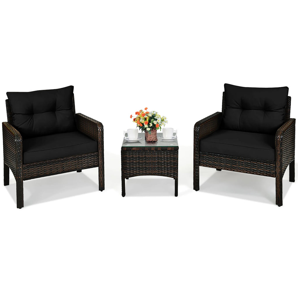 3PCS Outdoor Rattan Conversation Set Patio Garden Cushioned Sofa Chair Black