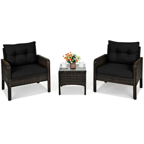 3PCS Outdoor Rattan Conversation Set Patio Garden Cushioned Sofa Chair Black