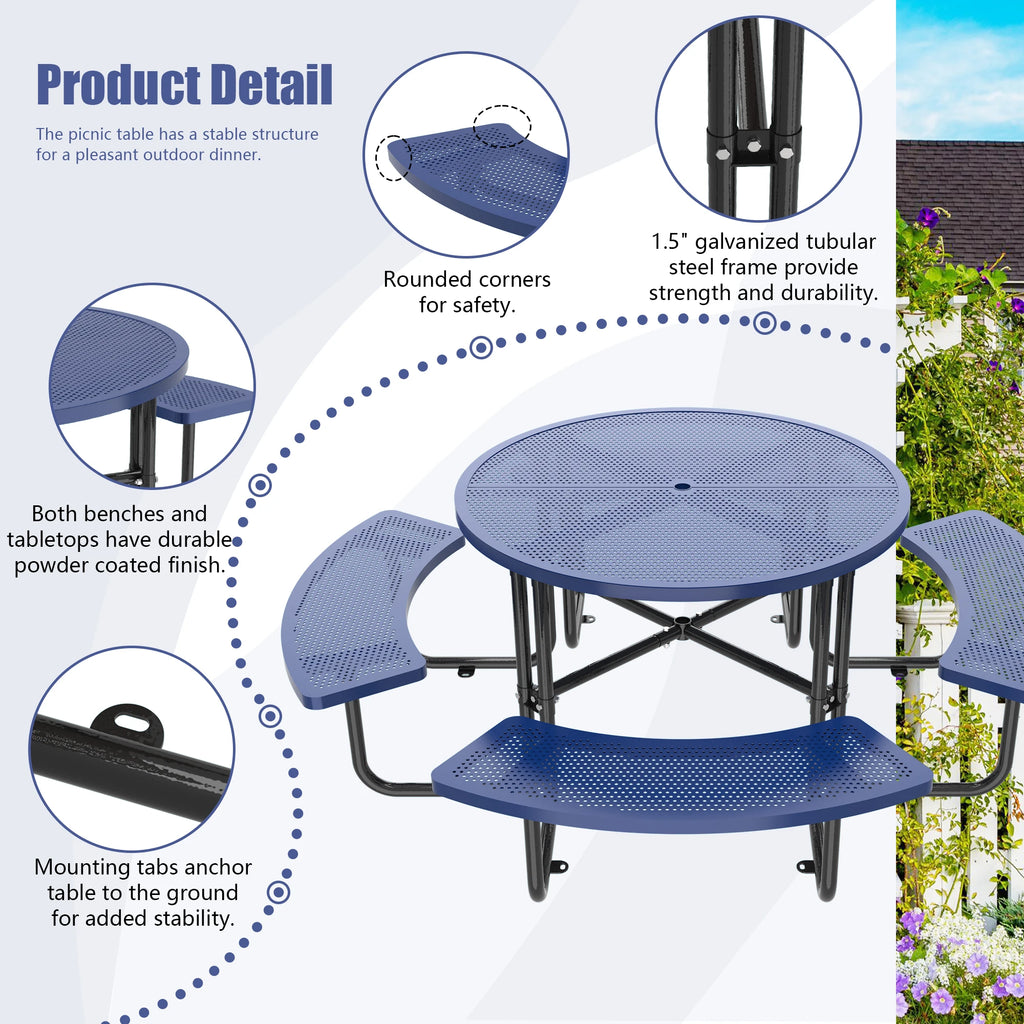 LZBEITEM Round Metal Picnic Table with Umbrella Hole, 46" Steel Portable Picnic Table for Outdoor, Patio, Garden, Courtyard BBQ