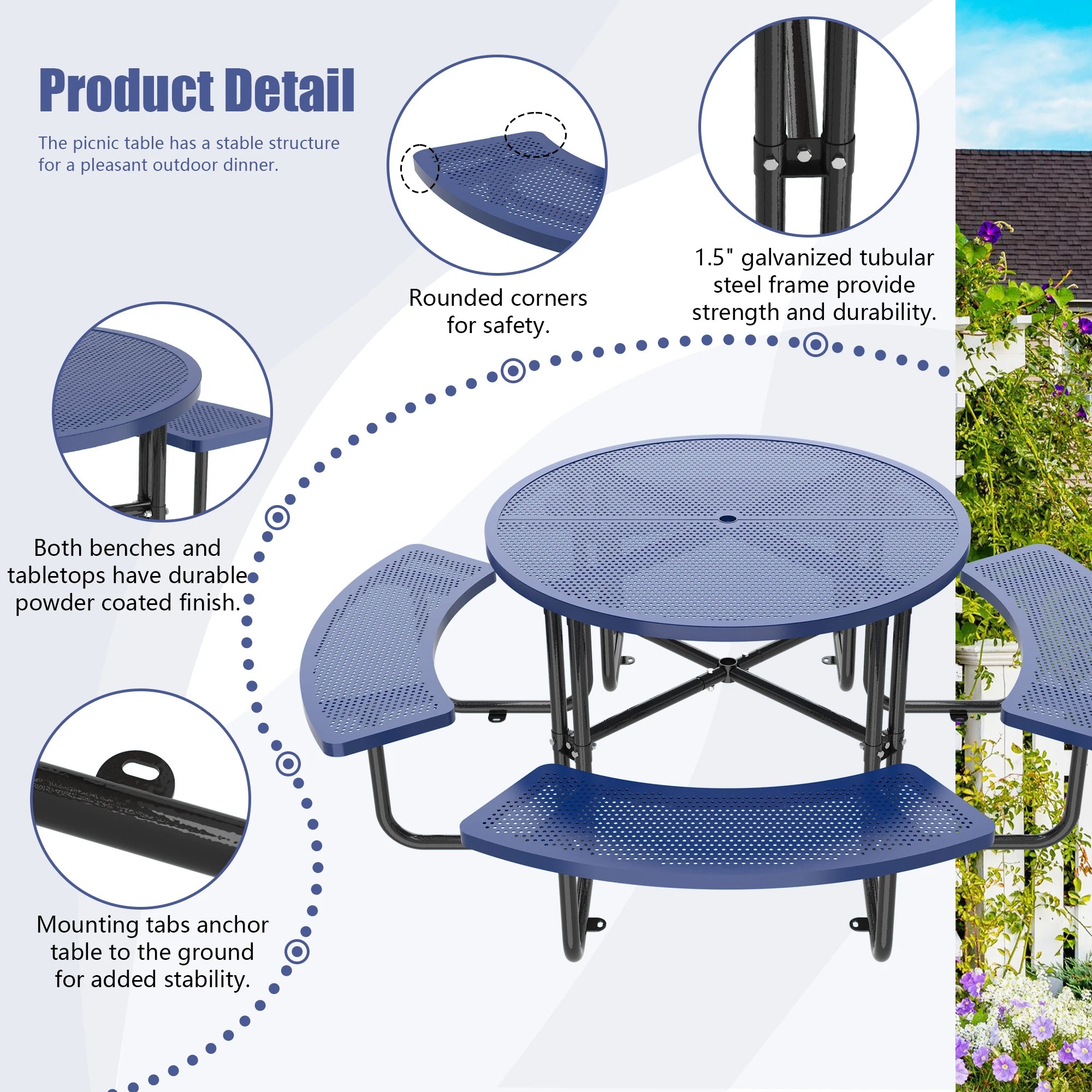 LZBEITEM Round Metal Picnic Table with Umbrella Hole, 46" Steel Portable Picnic Table for Outdoor, Patio, Garden, Courtyard BBQ