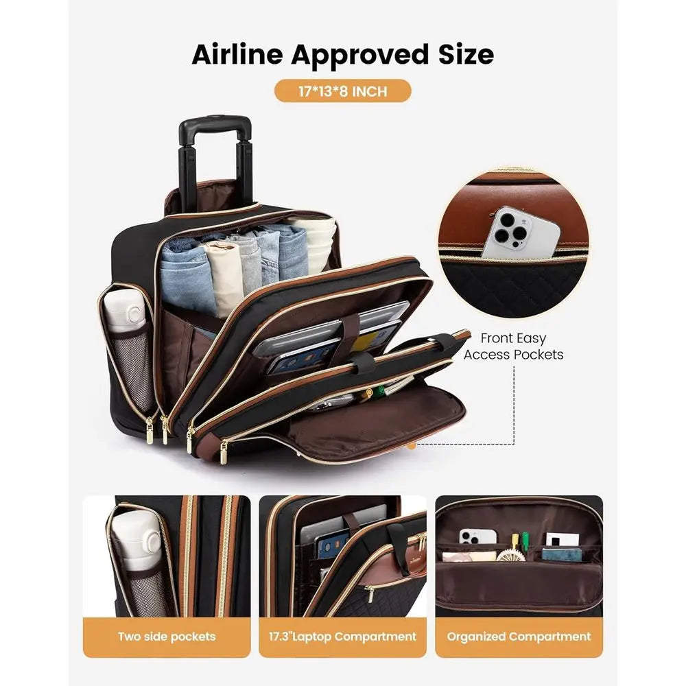 17.3 Inch Rolling Laptop Bag for Women - Wheeled Briefcase, Travel and Underseat Carry-On Luggage, Black