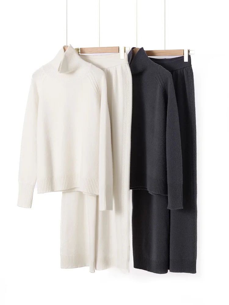 Autumn Winter 100% Cashmere Casual Solid Pullover Long Sleeves Sweater Wide-Leg Pants Two-Piece Set Soft Warm Women's Knitwear