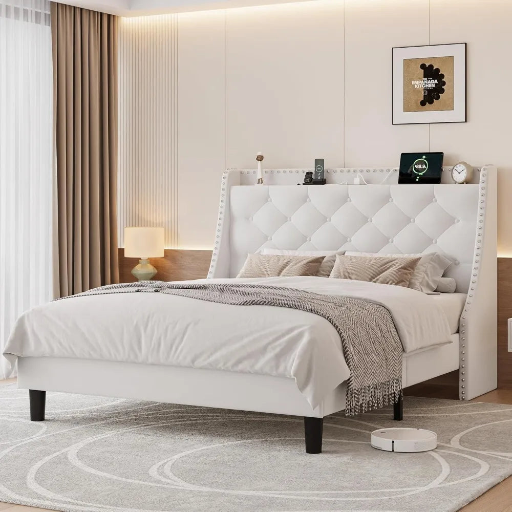 Full Bed Frame with 16 Modern Wingback Button Tufted Storage Headboard, Upholstered Platform Bed with Charging Station, Sturdy W