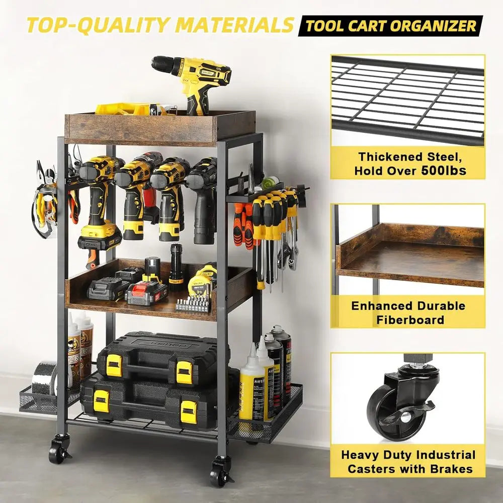 Olakee Power Tool Organizer Garage Storage Organization Shelving Tool Holder Drill Rack Shelf Rolling Cart Open Tool Chest Cabin