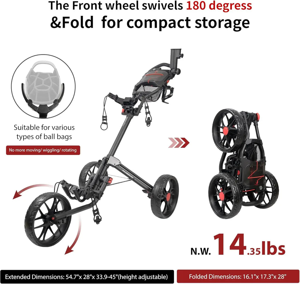 Lightweight Foldable Golf Push Cart with EVA Wheels, Foot Brake, Adjustable Handle & Accessories - 15.3 V2 Model