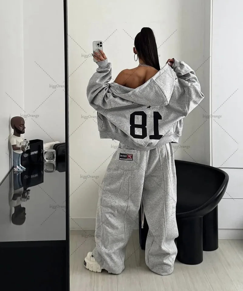 Gray High Street Retro Y2k Sports Suit for Women Striped Embroidered Multi-pocket Zipper Hoodie Men Casual Fashion Floor Pants