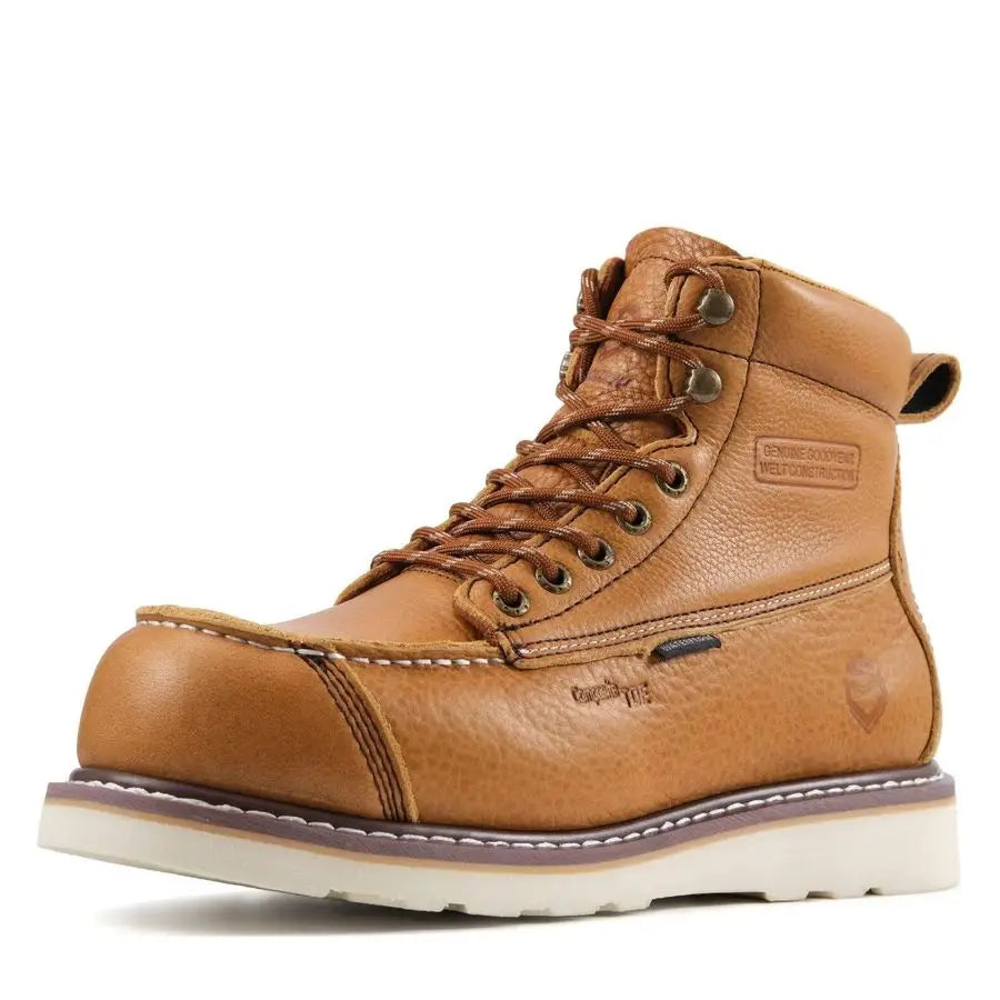 Mens 6 Heavy Duty Waterproof Work Boots Composite Toe, EH Construction Industrial Safety Leather Boots, Lace Up Moc Toe, Oil Sli