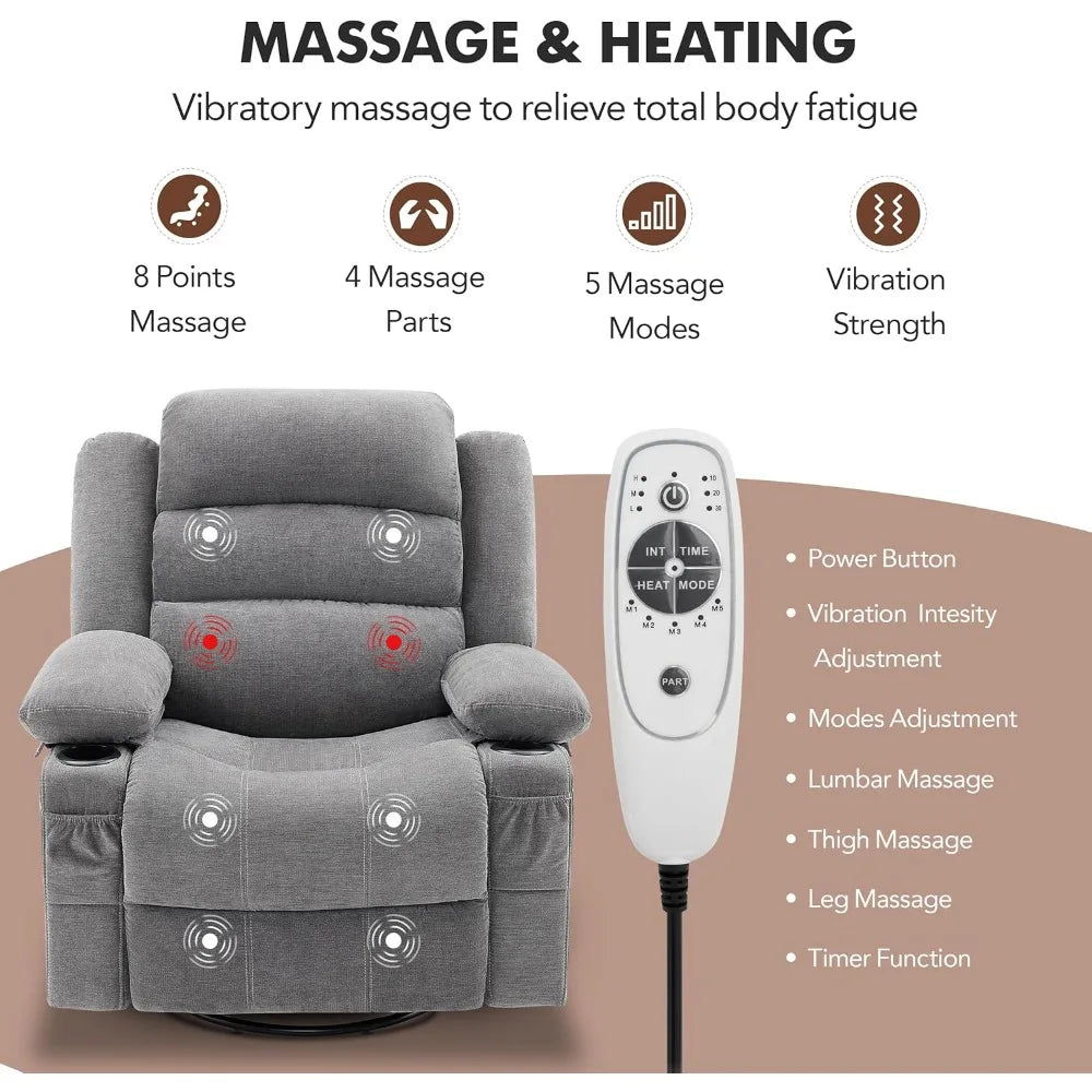 Rocker Recliner Chair with Heat and Massage, 360° Swivel Recliner Chairs for Adults, Oversized Recliner Single Sofa Seat with Cu
