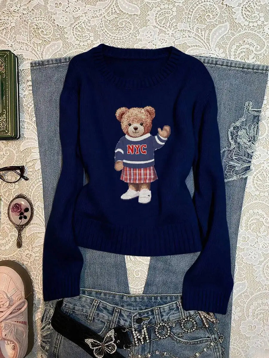 Navy Blue Collegiate Bear Print Pullover Sweater for Women, Autumn Winter Casual Style