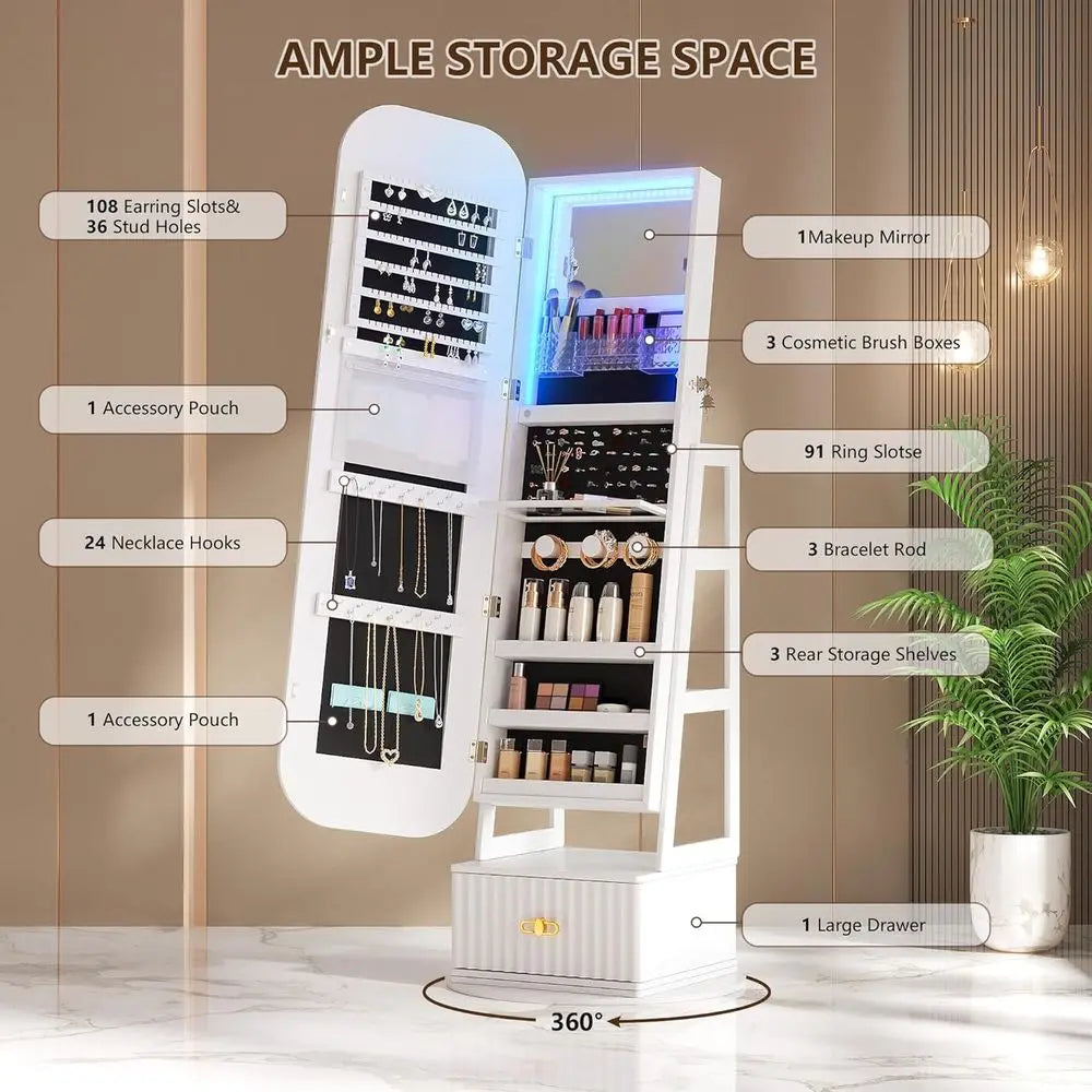 Swivel jewelry organizer with Full Length Mirror with Lights, Jewelry Armoires Cabinet Standing with Drawer, Large Mirror Storag