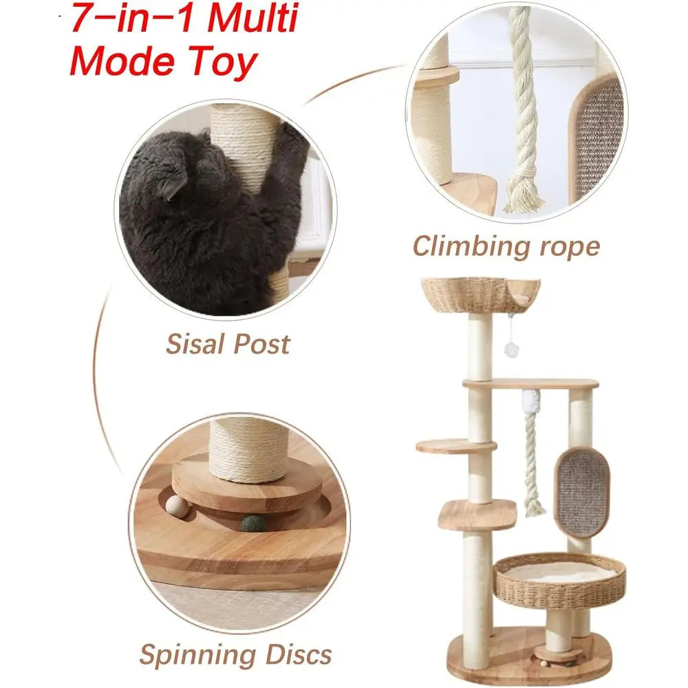 49.6 Tall Wooden Cat Tower with Multi-Level Condo, Scratching Post, and Hand-Woven Bed for Large Indoor Cats