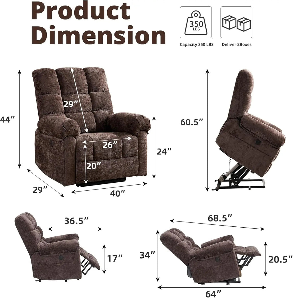 Oversized Lift Recliner Chair with Massage & Heat, 26' Wide, Chenille Electric Recliner with USB Port, Coffee
