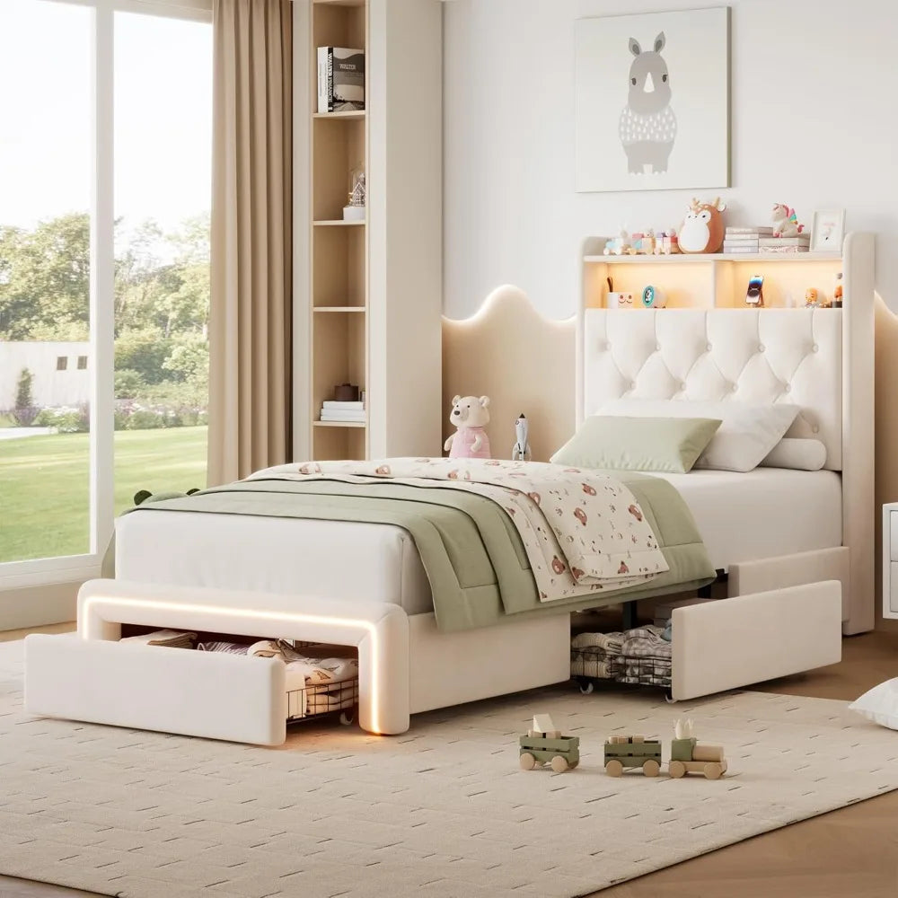 Twin LED Bed Frame with Storage Headboard & Charging Station, Velvet Fabric Platform Bed Frames with 3 Drawers, No Box Spring Ne