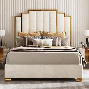 AMERLIFE Queen Size Upholstered Bed, Modern Velvet Bed Frame with 61.4” Tall Gold Trim Headboard, No Box Spring Needed, Black