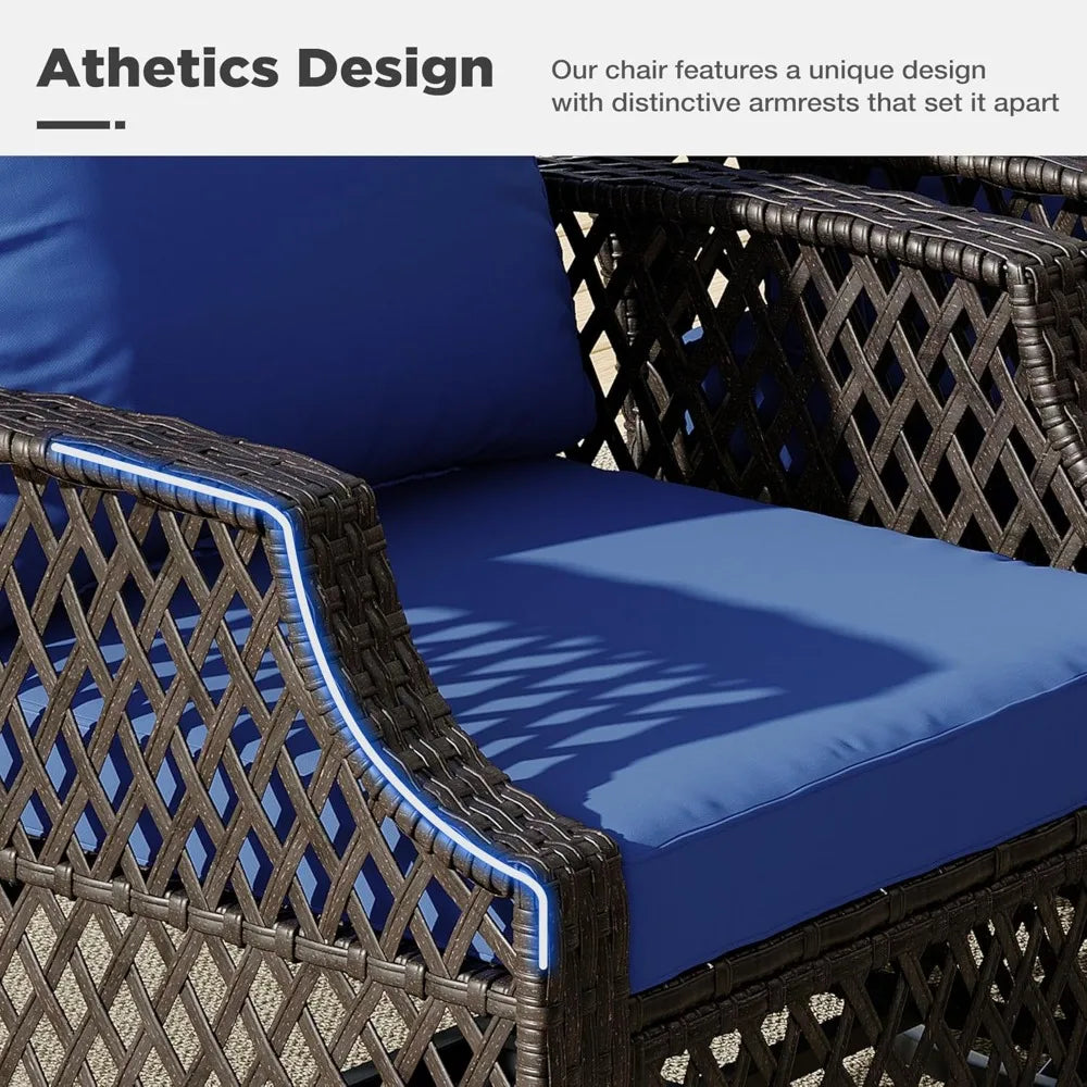 3 Piece Outdoor Swivel Chair Set, Wicker Patio Bistro Set with Thickened 25D Cushions and Glass Coffee Table, Patio Furniture C