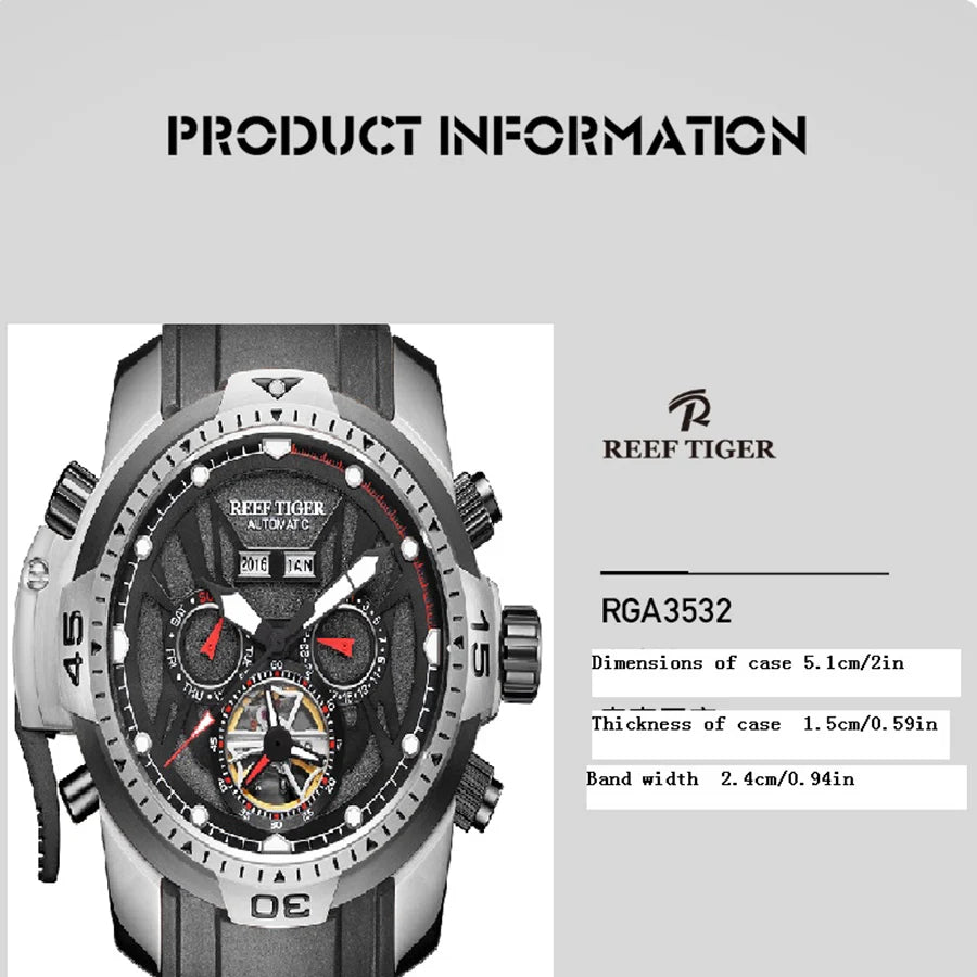 reef tiger Men's Mechanical Watch, Fully automatic multi-functional dual calendar Business men's watch, Men's clock RGA3532