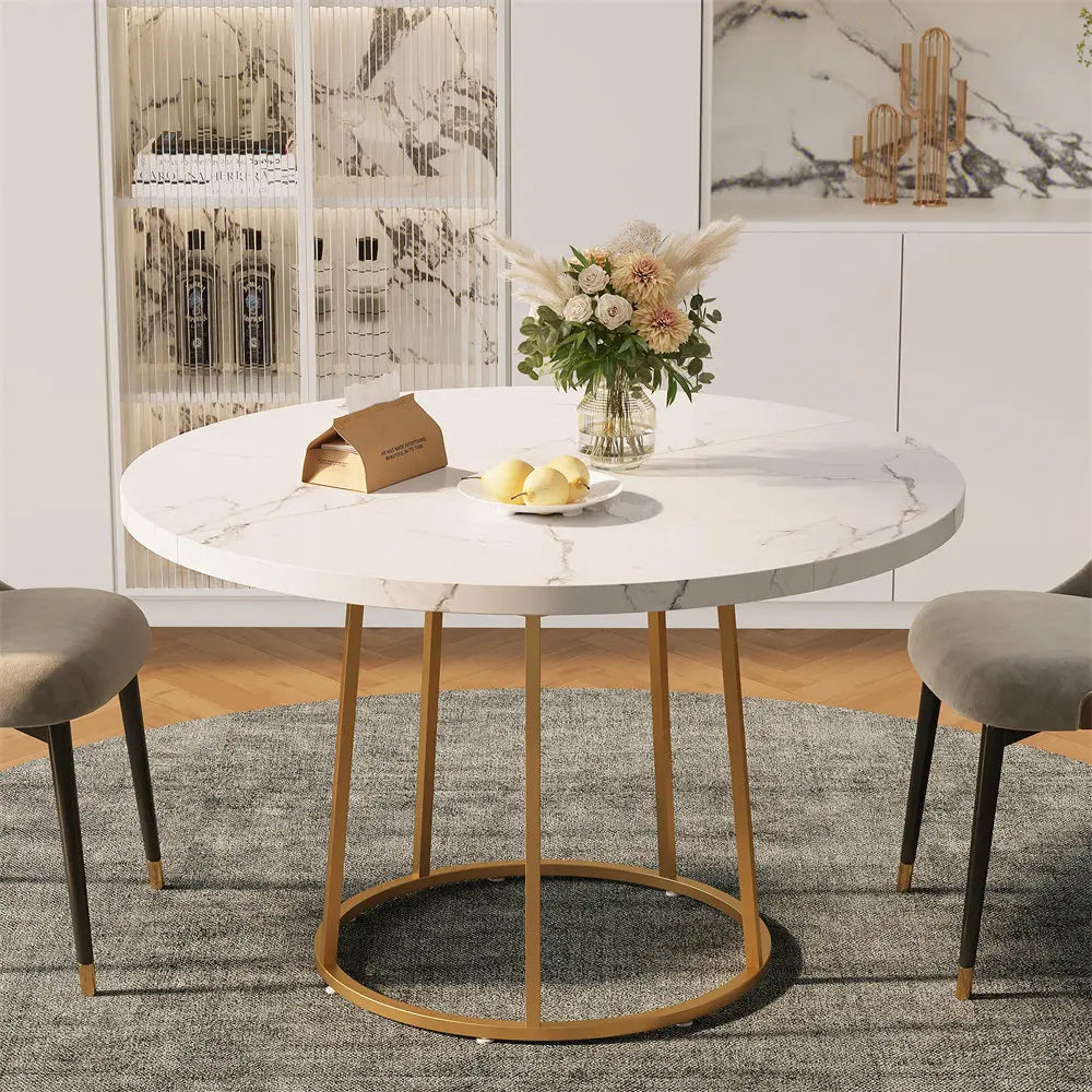 47.24 Inch Round Dining Table Kitchen Table for 4 People Wooden Marble Pattern Dinner Room Table with Gold Base for Home office