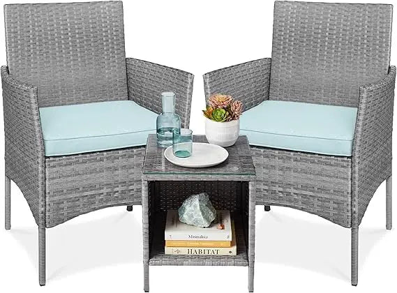 3-Piece Outdoor Wicker Conversation Bistro Set, Space Saving Patio Furniture for Garden w/Side Table - Gray/Navy