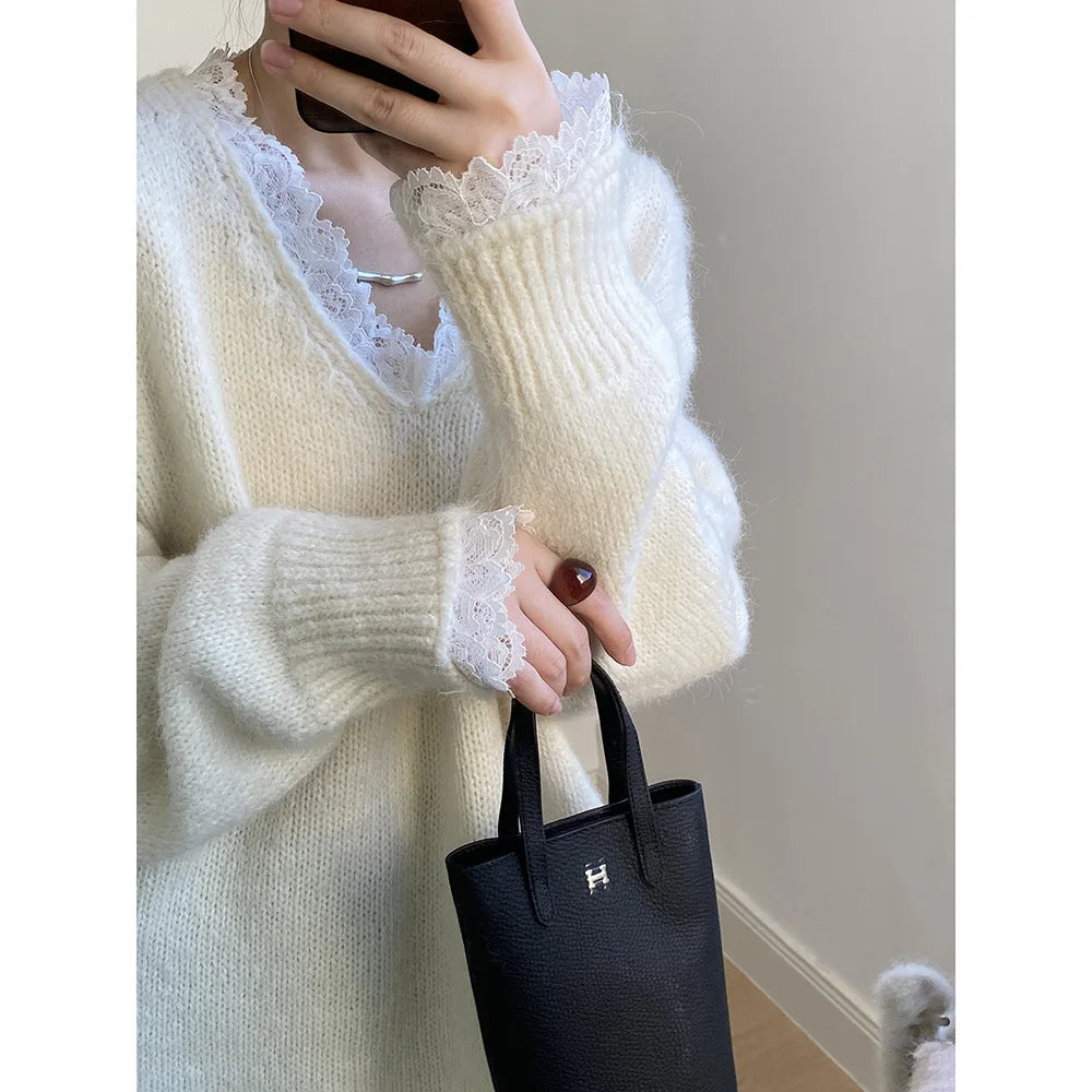 Lace Trim Warm Sweater For Women V Neck Long Sleeve Winter Loose Soft Top