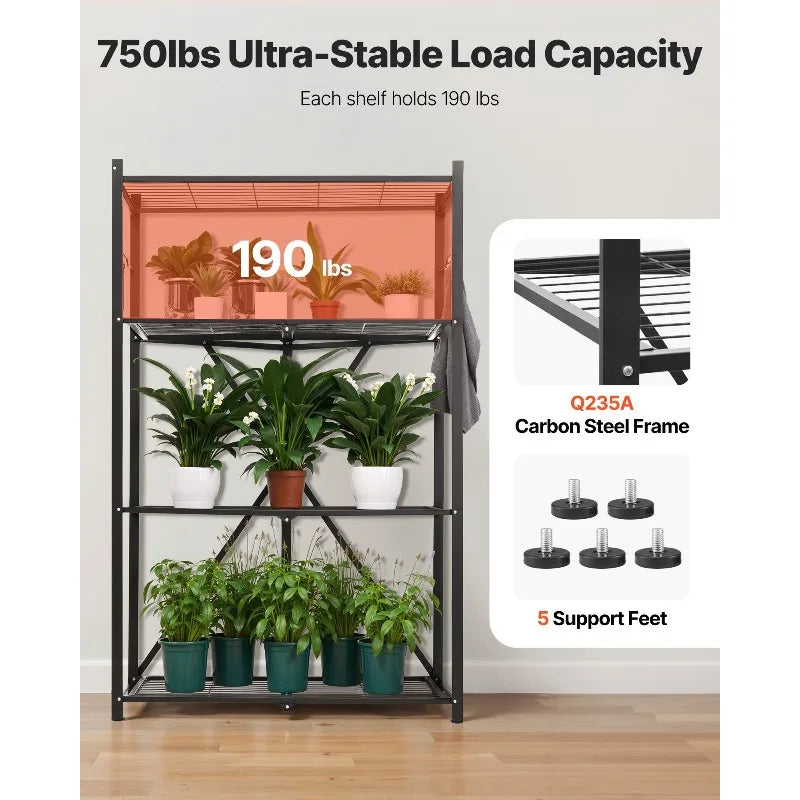 Folding Storage Shelf with Wheels 4-Tier No Assembly Organizer Shelf Black