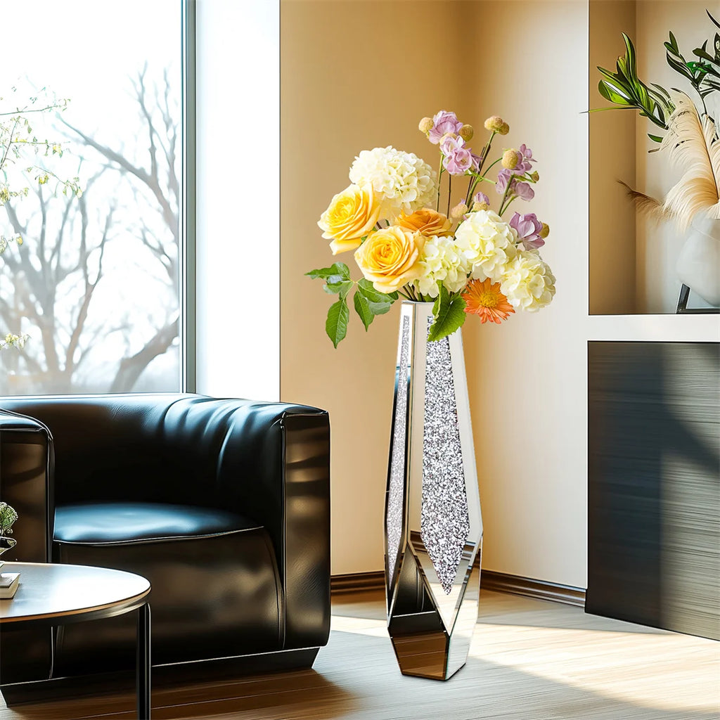 34” Tall Standing Flower Vase Crushed Diamond Mirrored Silver Glass Decorative Flower Vase Corner Vase for Home