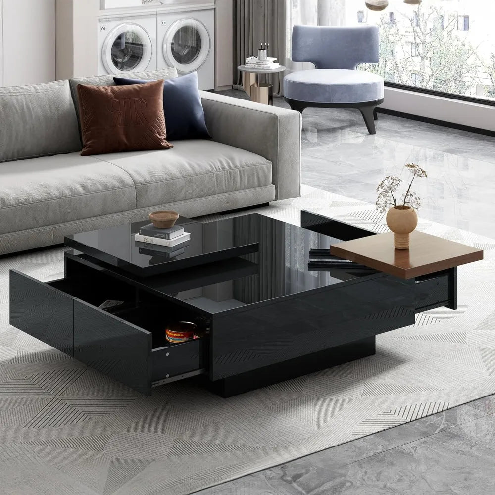 Merax Square Coffee Table with High Gloss Finish and 4 Hidden Drawers for Living Room Storage in Black