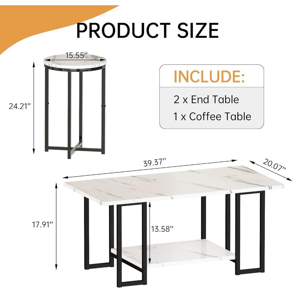3 Pieces Living Room Table Set, Faux Marble Coffee Table with 2 Round End Side Tables, Coffee Table Set with Metal Frame