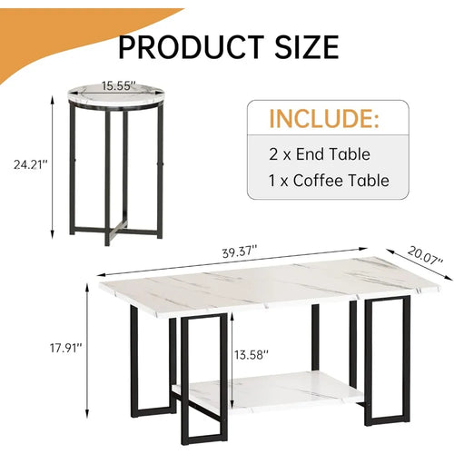3 Pieces Living Room Table Set, Faux Marble Coffee Table with 2 Round End Side Tables, Coffee Table Set with Metal Frame