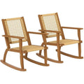 Outdoor Rocking Chair Set of 2, Acacia Wood Outdoor Rockers with Armrests, Rattan Wicker Back and Seat, Patio Wooden Ro