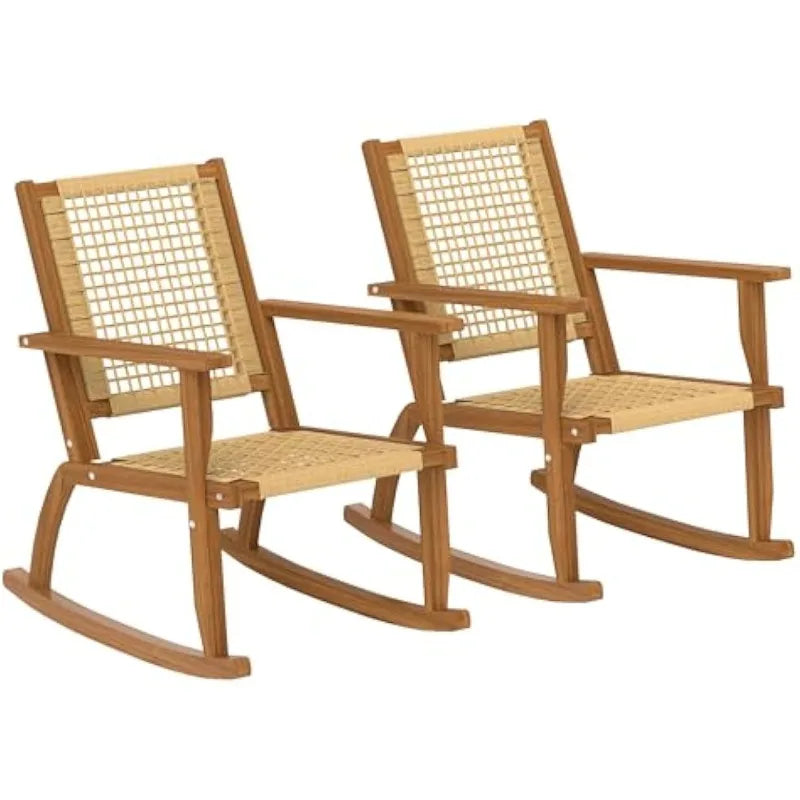 Outdoor Rocking Chair Set of 2, Acacia Wood Outdoor Rockers with Armrests, Rattan Wicker Back and Seat, Patio Wooden Ro