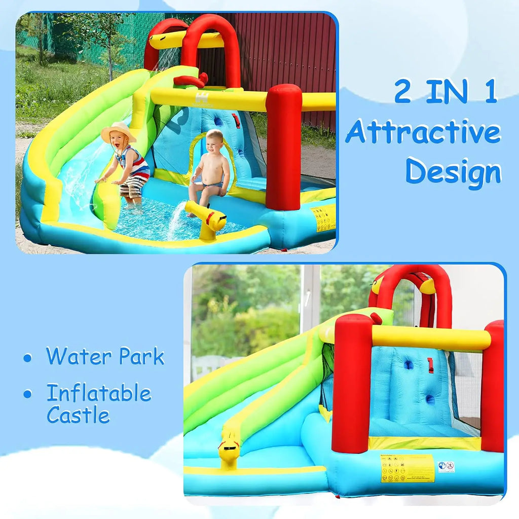 6-in-1 Bounce House, Inflatable Jumper w/Slide, Climbing Wall, Splash Pool, Water Gun, Basketball Hoop, Outdoor Indoor Blow Up B