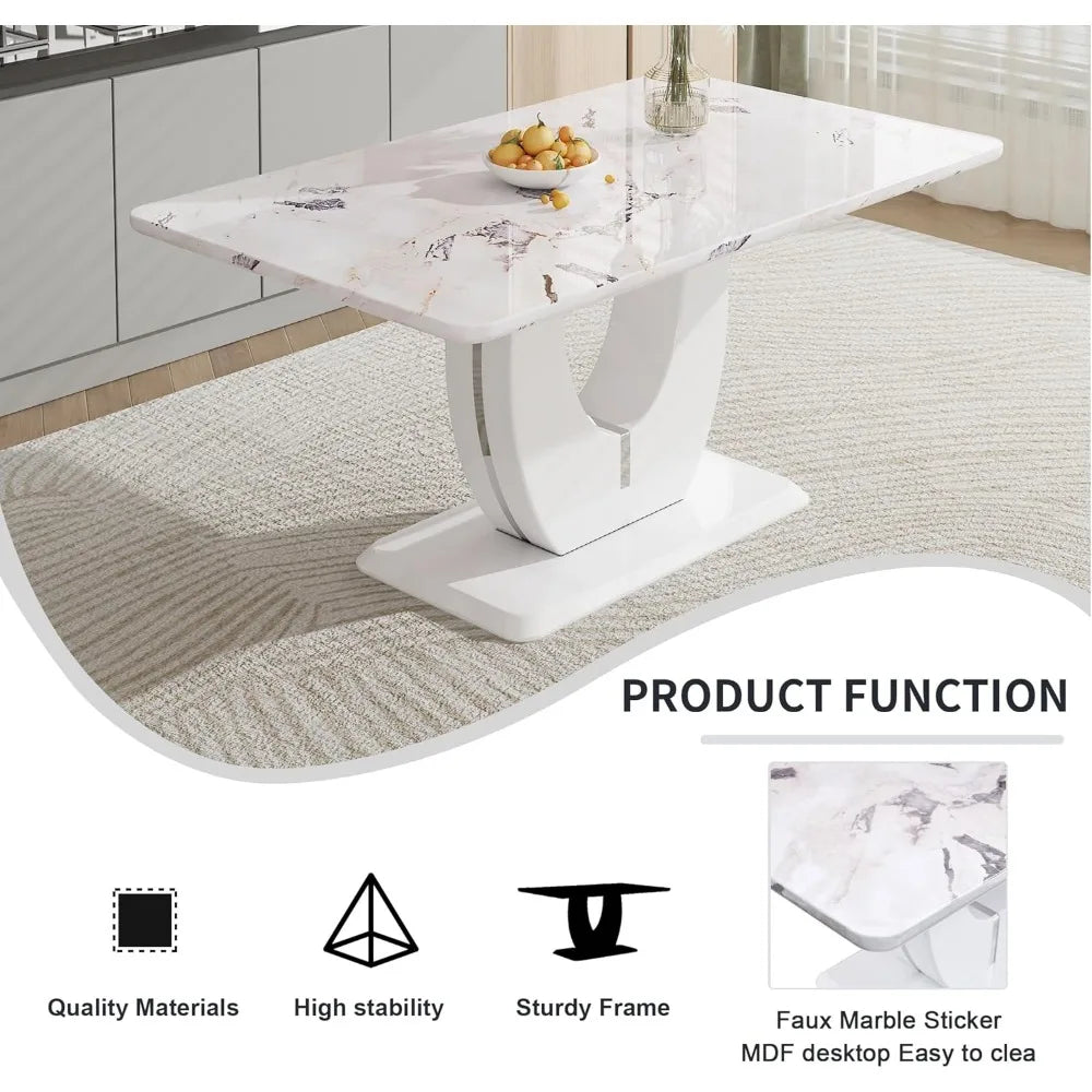 Modern 6-Piece Dining Set with 63 Marble Table and Leather Chairs
